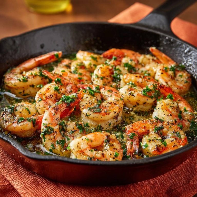 Mediterrane Knoblauch-Garnelen aus der Pfanne, eine Nahaufnahme der saftigen und zarten Garnelen in einer köstlichen Knoblauch-Kräuter-Sauce.
