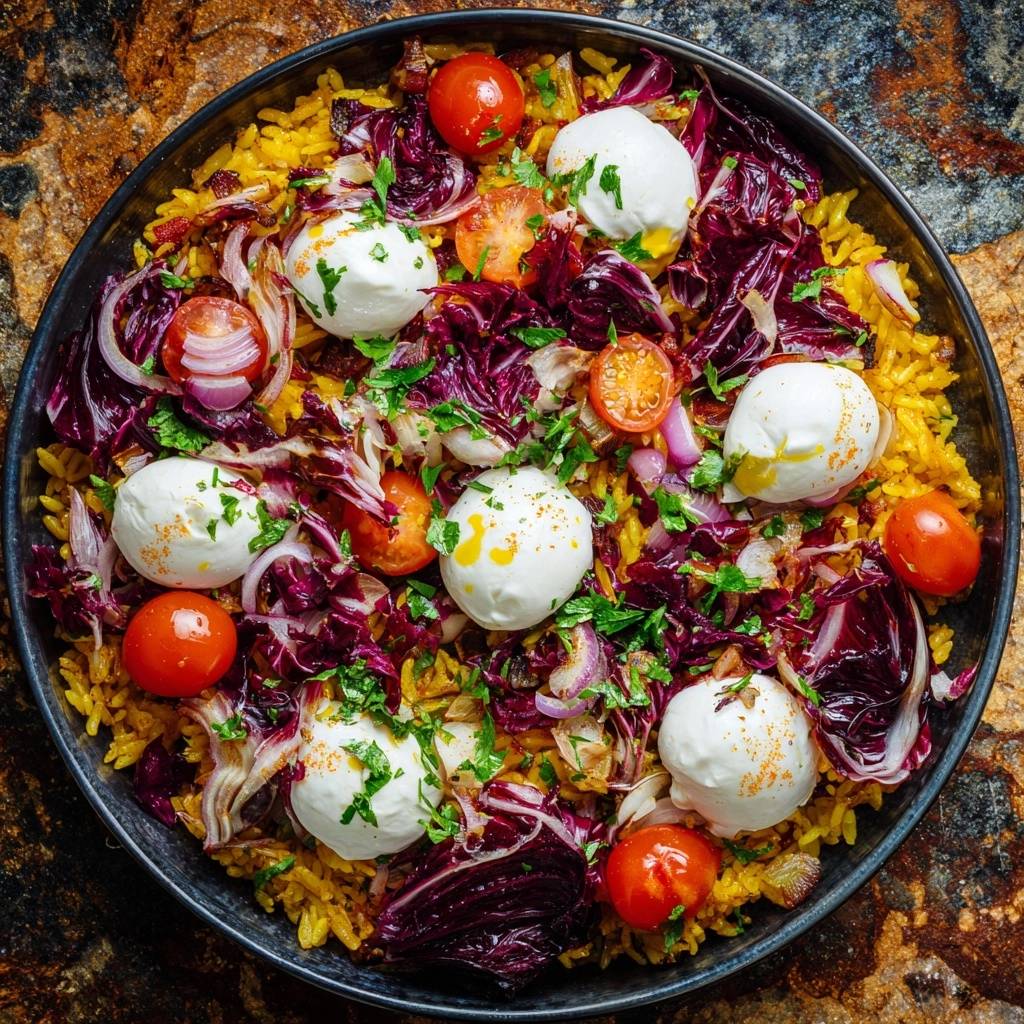 Mediterrane Kurkuma-Reispfanne mit Burrata, frisch zubereitet und von oben fotografiert, mit sichtbarem Reis und Gemüse.