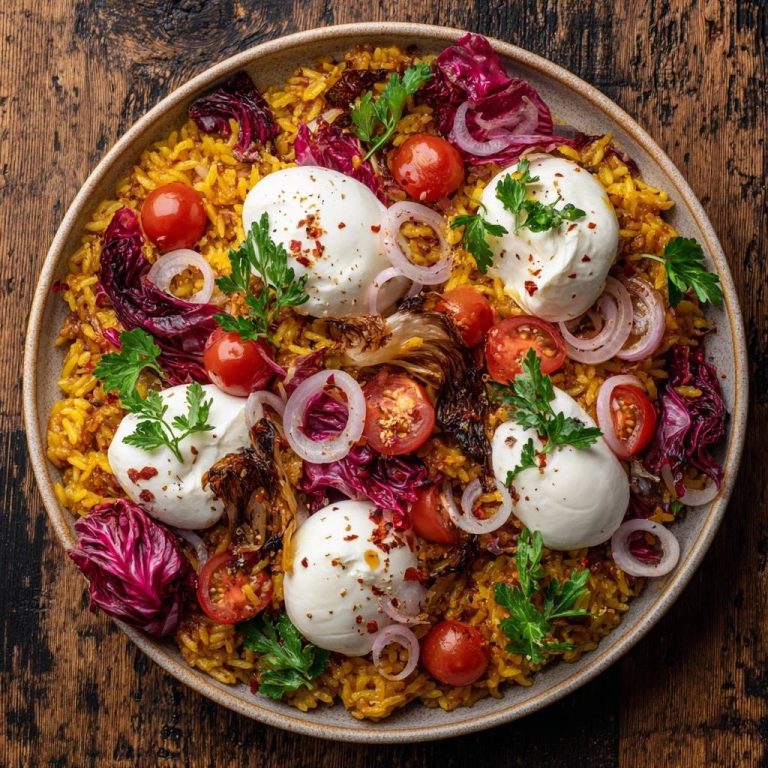 Mediterrane Kurkuma-Reispfanne mit Burrata, von oben auf einer rustikalen Holzoberfläche serviert, mit Radicchio und Kirschtomaten garniert.
