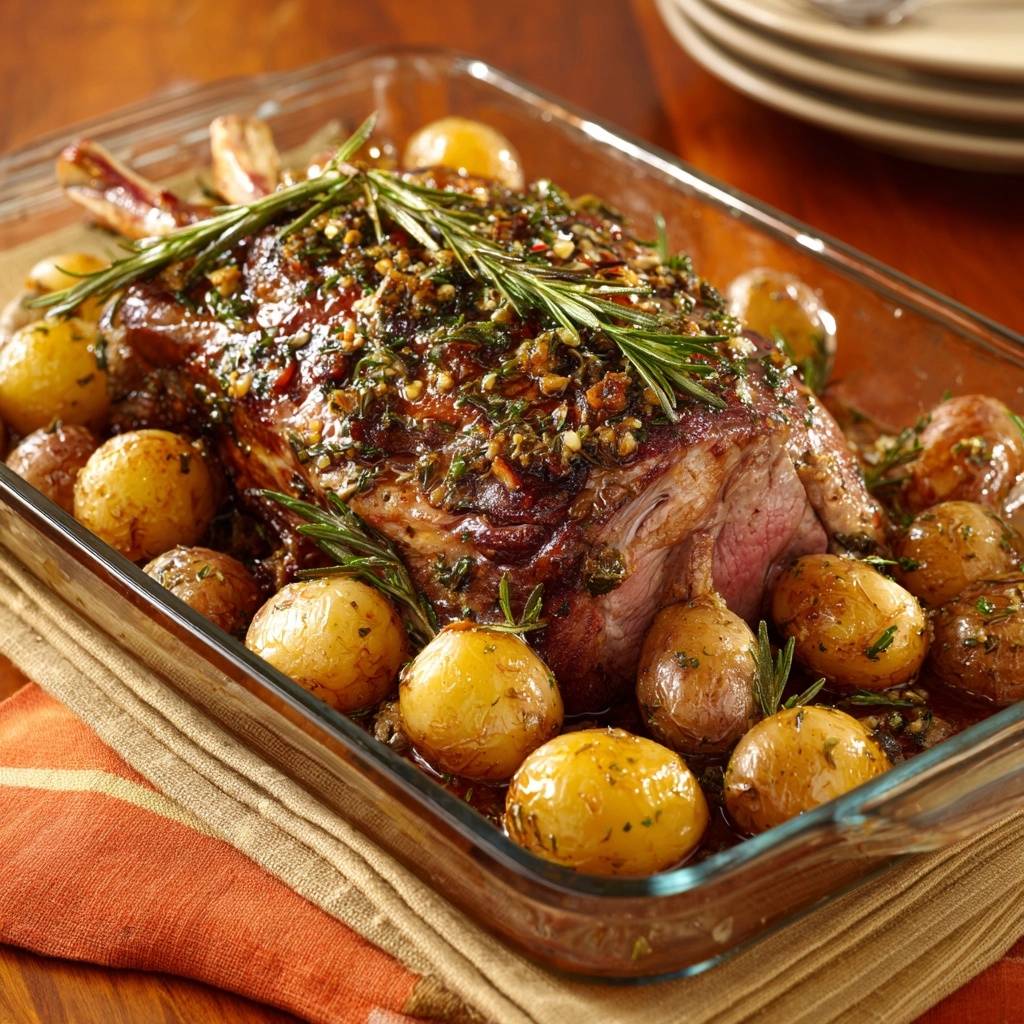 Mediterrane Lammkeule mit Rosmarinkartoffeln, saftig und zart, im Glasauflauf serviert mit frischem Rosmarin.