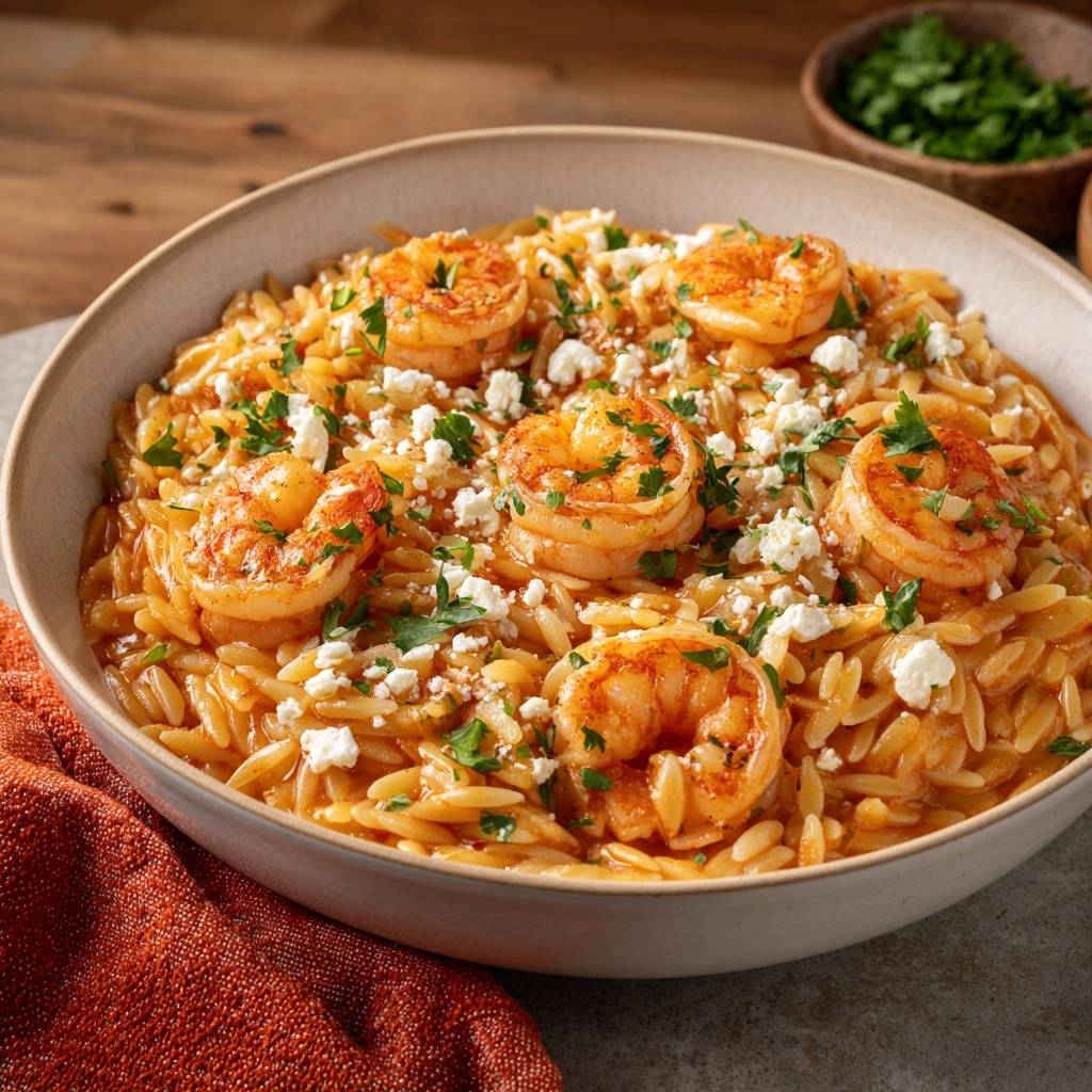 Mediterrane Orzo-Pfanne mit Garnelen, nahaufnahme der Garnelen mit Feta-Käse und Petersilie garniert