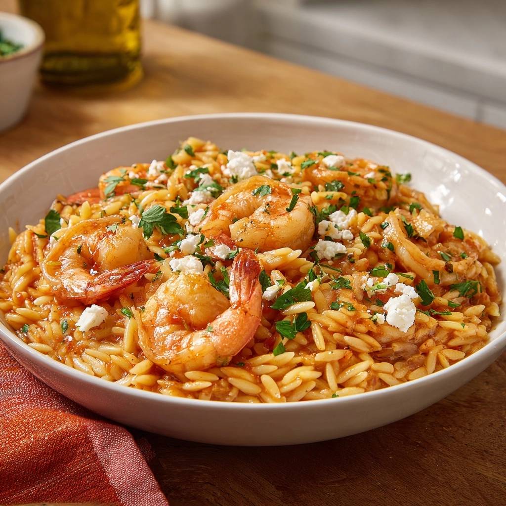 Mediterrane Orzo-Pfanne mit Garnelen, Nahaufnahme der Garnelen und Orzo-Nudeln mit zerbröckeltem Feta und Petersilie garniert