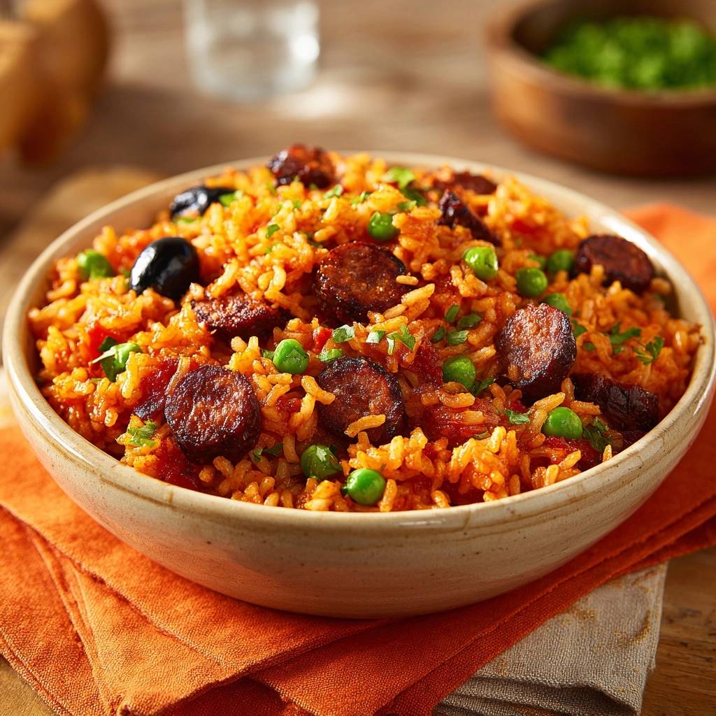 Mediterrane Reispfanne mit Rinder-Chorizo in einer Schüssel, garniert mit Erbsen und Oliven, Nahaufnahme.