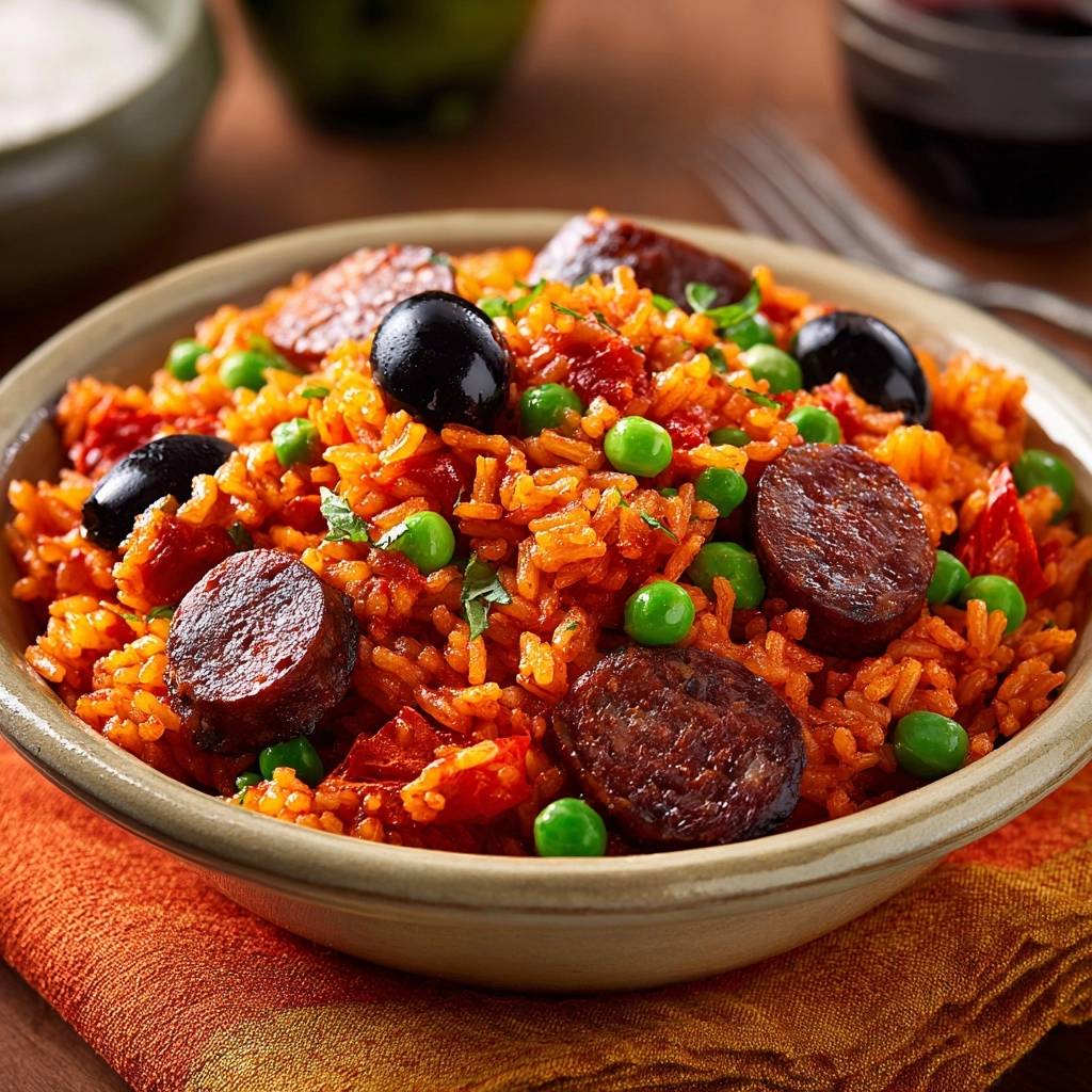 Mediterrane Reispfanne mit Rinder-Chorizo als Nahaufnahme mit Erbsen und Oliven