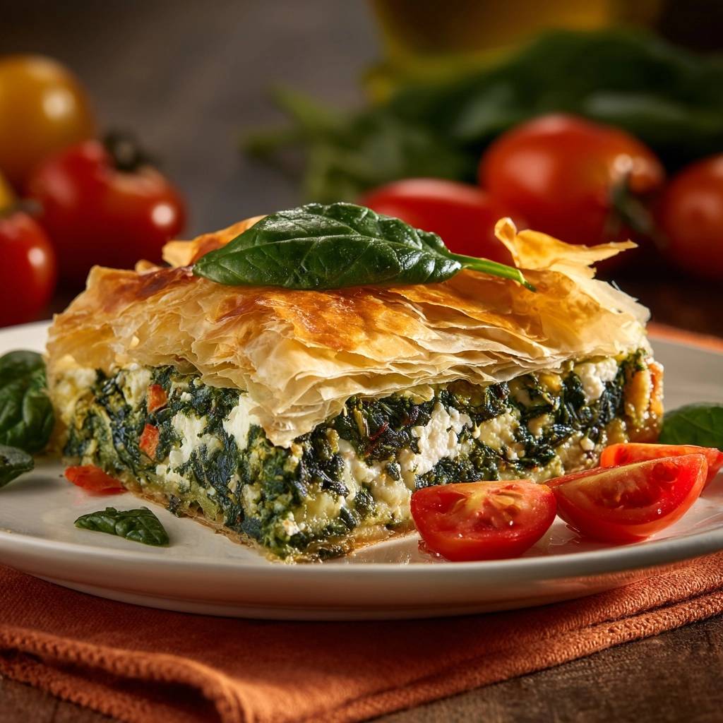 Mediterrane Spinat-Feta-Pita als angeschnittene Portion auf einem Teller mit Tomaten garniert