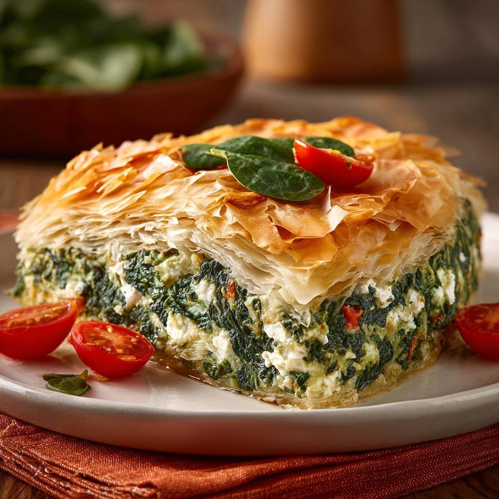 Mediterrane Spinat-Feta-Pita als angeschnittene Portion mit frischen Kirschtomaten und Spinat garniert.