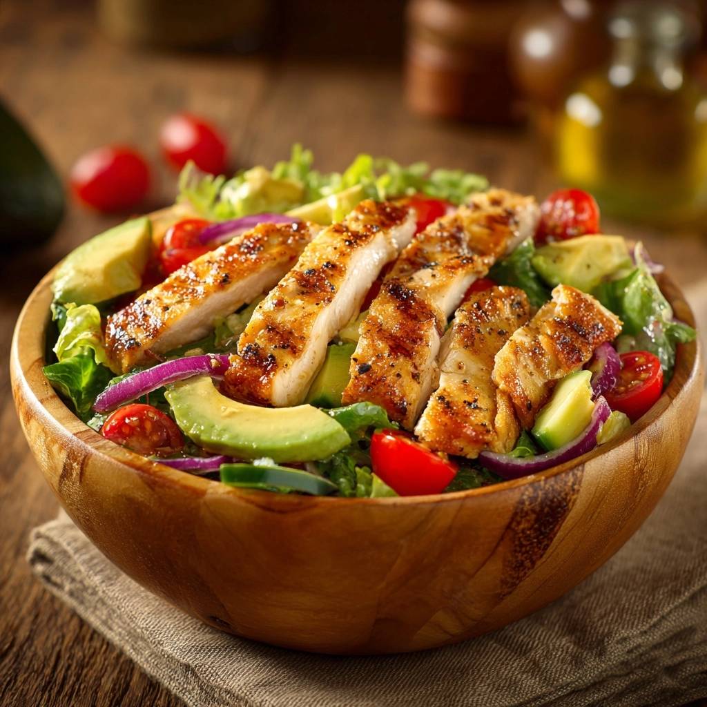 Mediterraner Hähnchen-Avocado-Salat mit gegrilltem Hähnchen, serviert in einer rustikalen Holzschale mit frischen Zutaten.