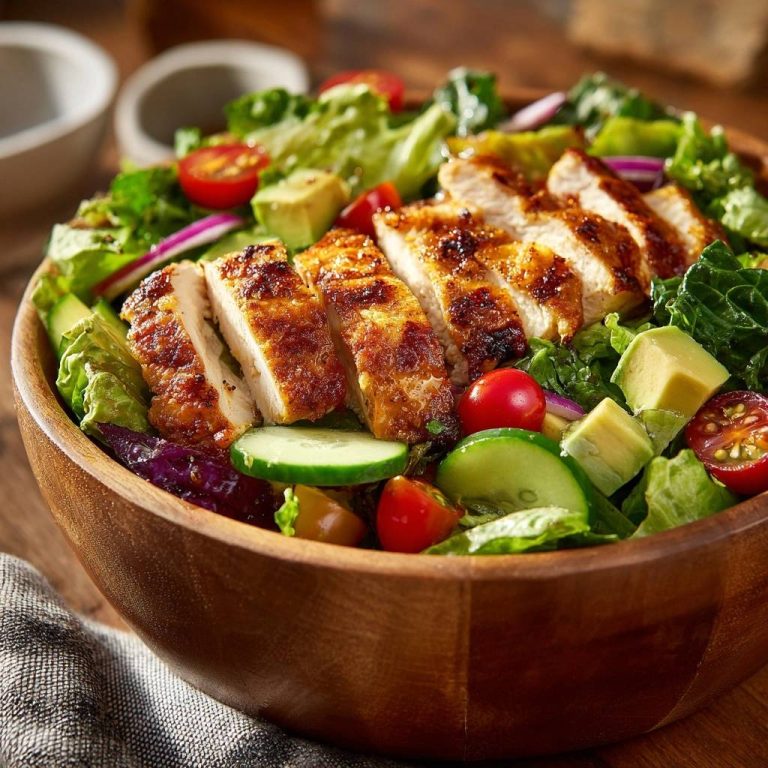 Mediterraner Hähnchen-Avocado-Salat in einer Holzschale, mit gegrilltem Hähnchen und frischem Gemüse, Nahaufnahme.
