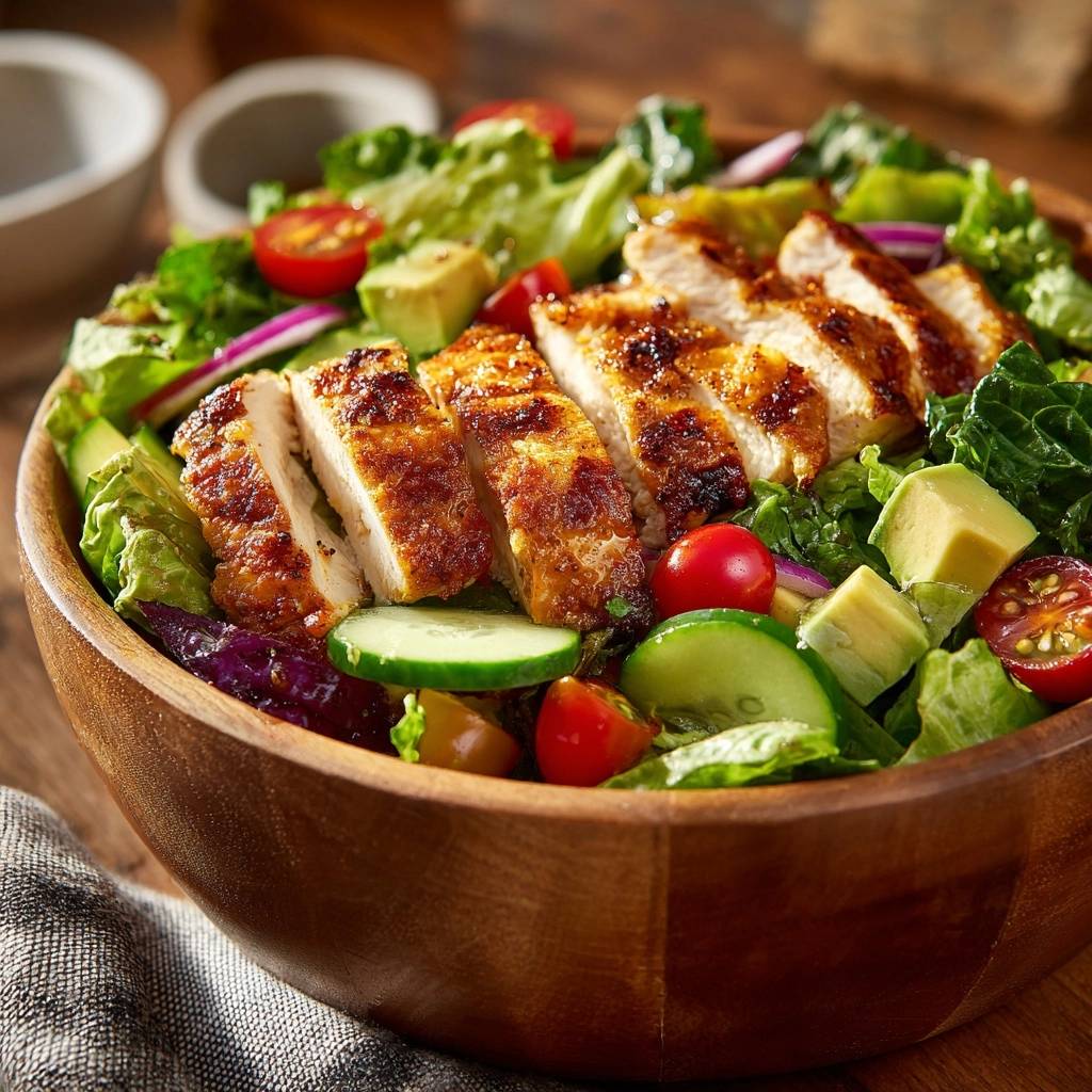 Mediterraner Hähnchen-Avocado-Salat in einer Holzschale, mit gegrilltem Hähnchen und frischem Gemüse, Nahaufnahme.