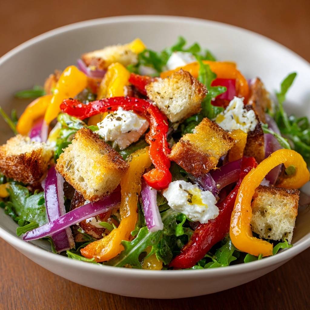 Mediterraner Panzanella Brotsalat mit bunten Paprika, Zwiebeln, Croutons und Ziegenkäse in einer Schüssel.