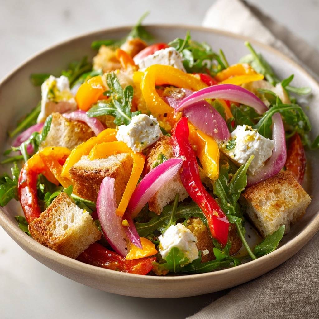 Mediterraner Panzanella Brotsalat nahaufnahme mit viel frischem Gemüse, Brot und Käse in einer Schüssel.