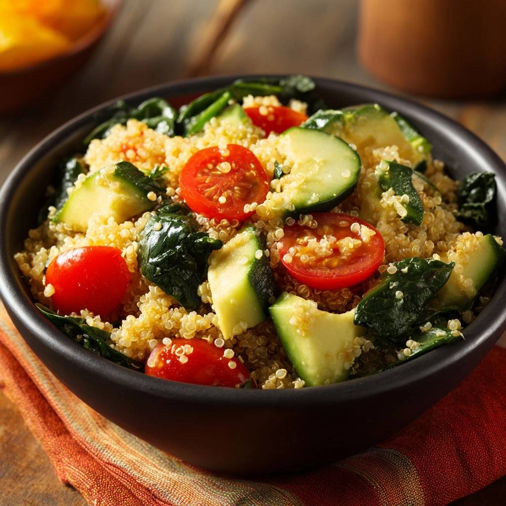 Mediterraner Quinoa-Salat mit Avocado, Nahaufnahme der frischen Zutaten wie Tomaten und Gurkenscheiben in der Schüssel.