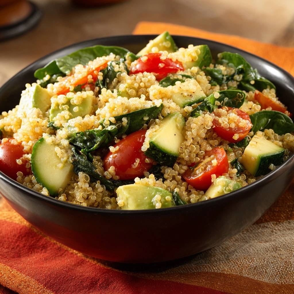 Mediterraner Quinoa-Salat mit Avocado, Nahaufnahme der frischen Zutaten wie Tomaten, Gurke und Spinat in einer Schüssel.
