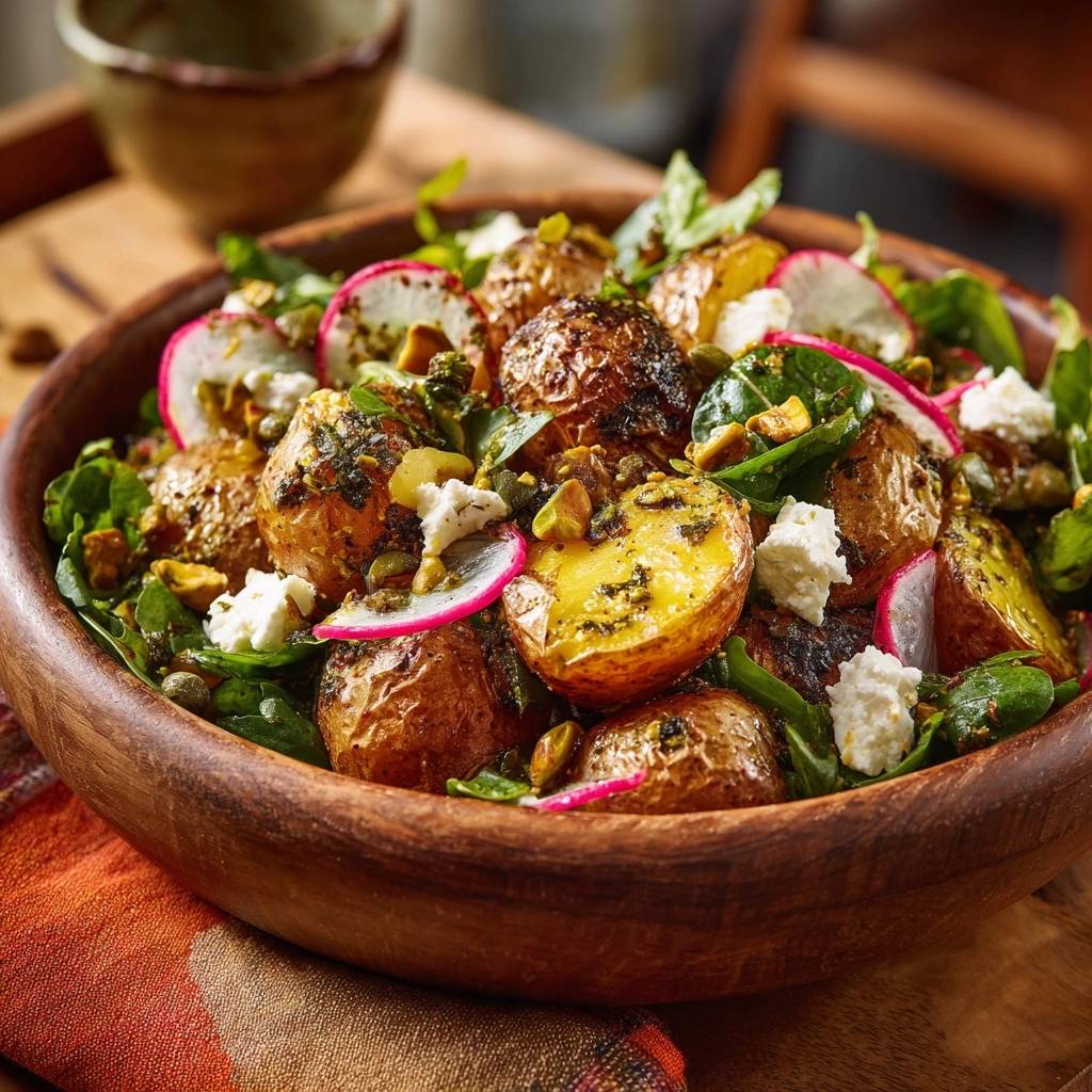 Mediterraner Röstkartoffelsalat mit Feta, garniert mit Radieschen und Pistazien, in einer Holzschüssel serviert.