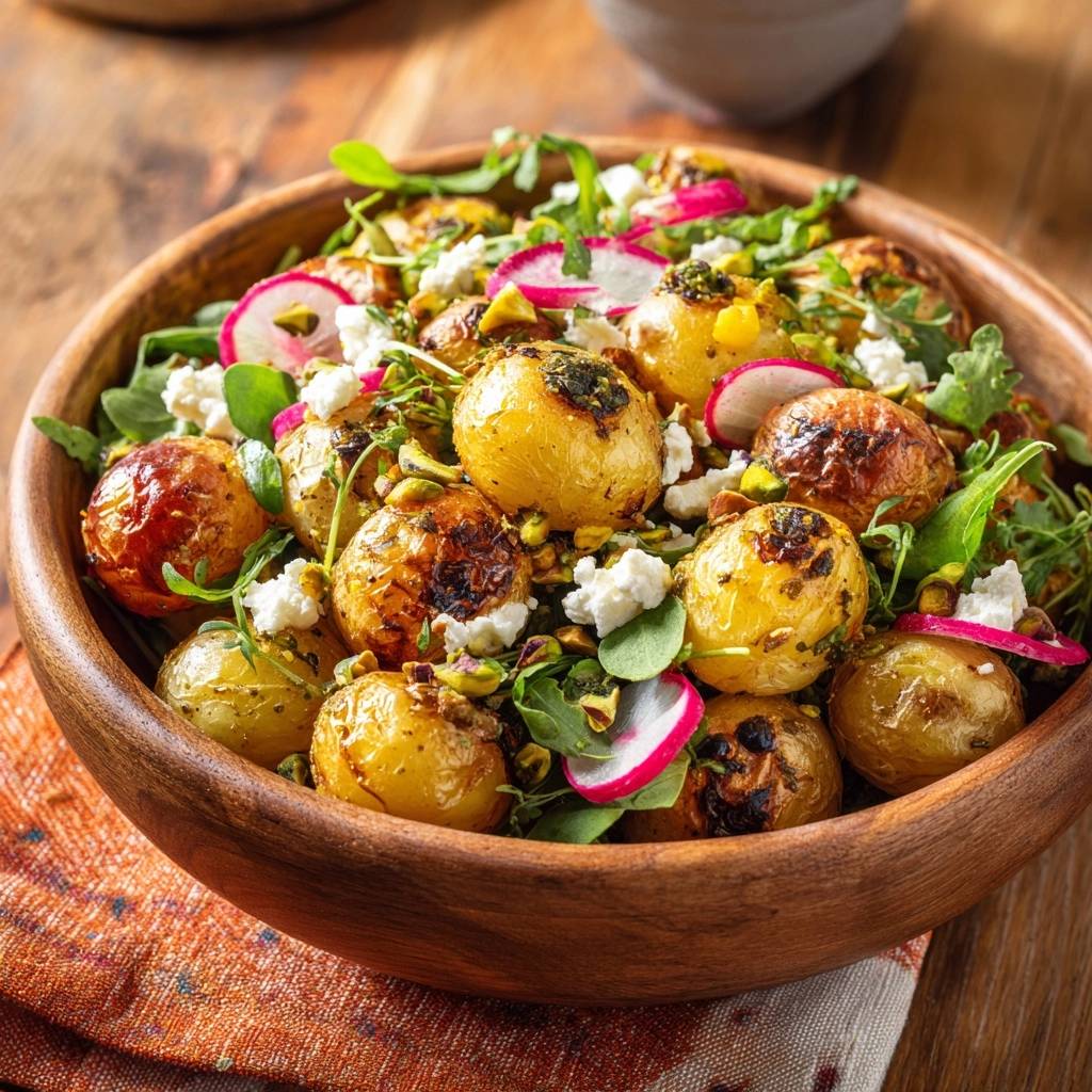 Mediterraner Röstkartoffelsalat mit Feta, garniert mit frischen Kräutern und Pistazien, im Detail fotografiert.