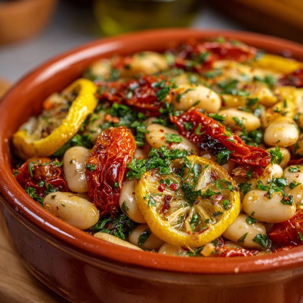 Mediterraner Weißbohnensalat mit Tomaten & Zitrone, detailreiche Nahaufnahme der weißen Bohnen mit getrockneten Tomaten und Petersilie.