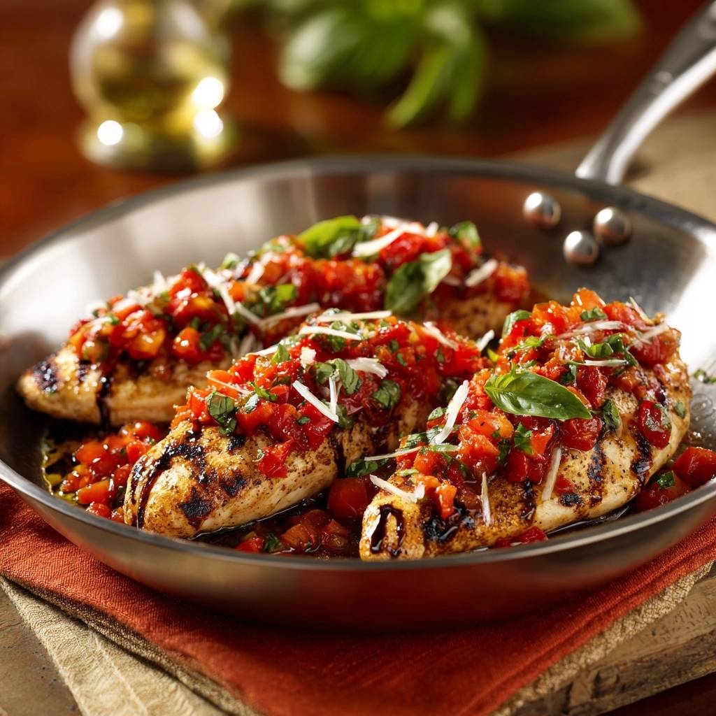 Mediterranes Bruschetta-Hähnchen in einer Pfanne, mit Tomaten-Topping und frischem Basilikum garniert.