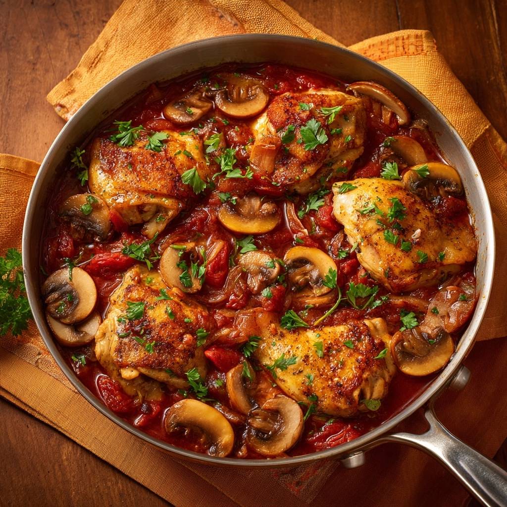 Mediterranes Hähnchen mit Pilzen in einer Pfanne von oben mit gebräunten Hähnchenschenkeln und Champignons in Tomatensoße.