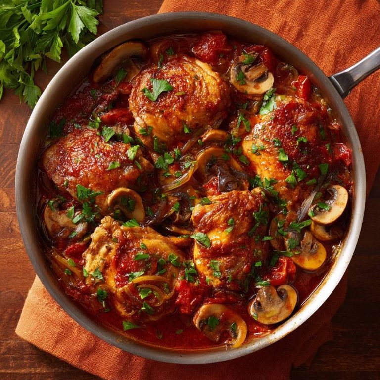 Mediterranes Hähnchen mit Pilzen als Draufsicht in einer Pfanne, garniert mit Petersilie und Tomatensoße.