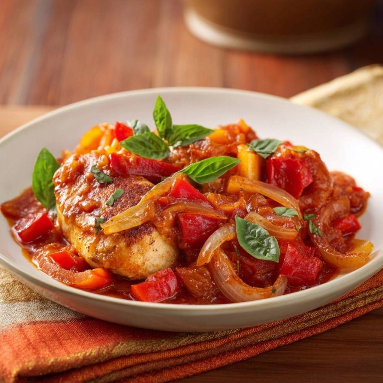Mediterranes Paprika-Hähnchen als Nahaufnahme auf einem Teller mit frischem Basilikum und Paprikagemüse serviert