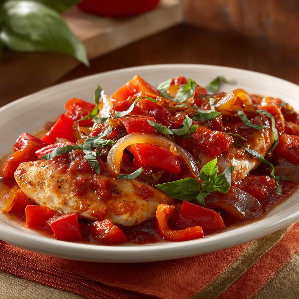Mediterranes Paprika-Hähnchen mit saftigem Fleisch, serviert mit einer reichhaltigen Tomaten-Paprika-Zwiebel-Sauce und frischem Basilikum.