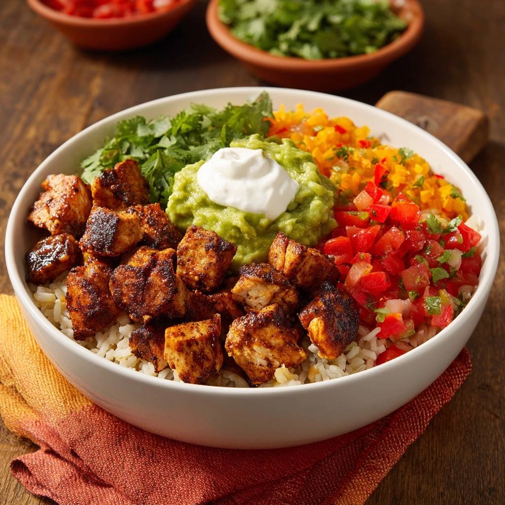 Mexikanische Burrito-Bowl mit Hähnchen, Reis, Guacamole und Pico de Gallo in einer Schüssel, detailreiche Nahaufnahme.