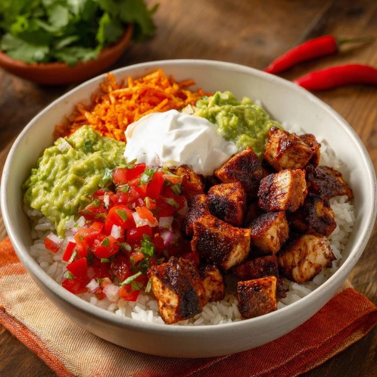 Mexikanische Burrito-Bowl mit Hähnchen, Nahaufnahme des saftigen Hähnchens und frischen Toppings in einer Schüssel.