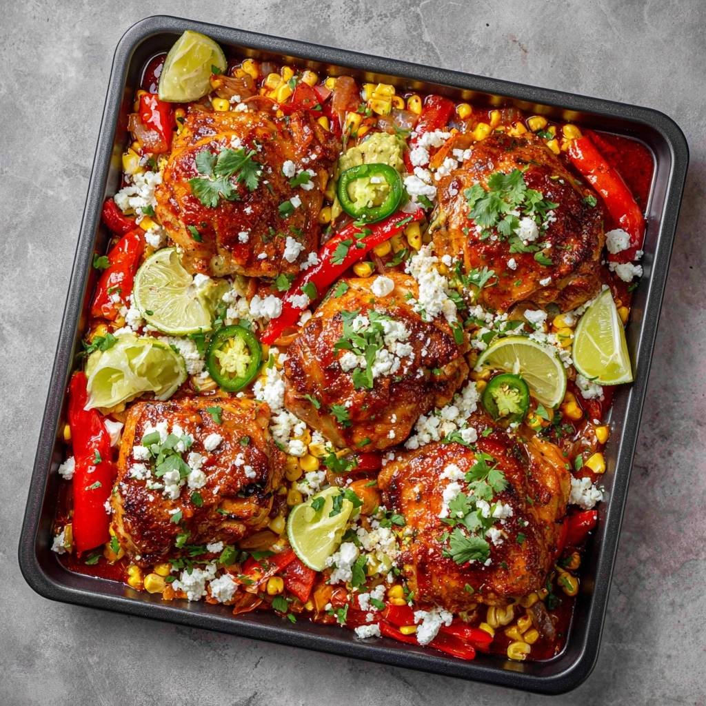 Mexikanisches Blechhähnchen mit Mais und Paprika, von oben auf einem Blech mit Limette, Jalapeño und Käse garniert.