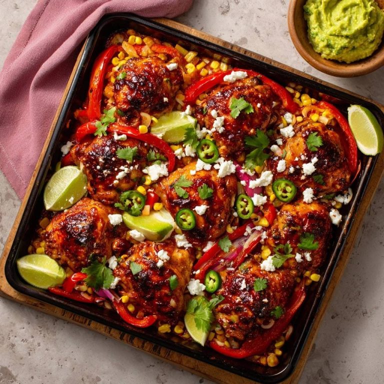 Mexikanisches Blechhähnchen mit Mais und Paprika, von oben auf einem Blech mit Limetten und Käse garniert.