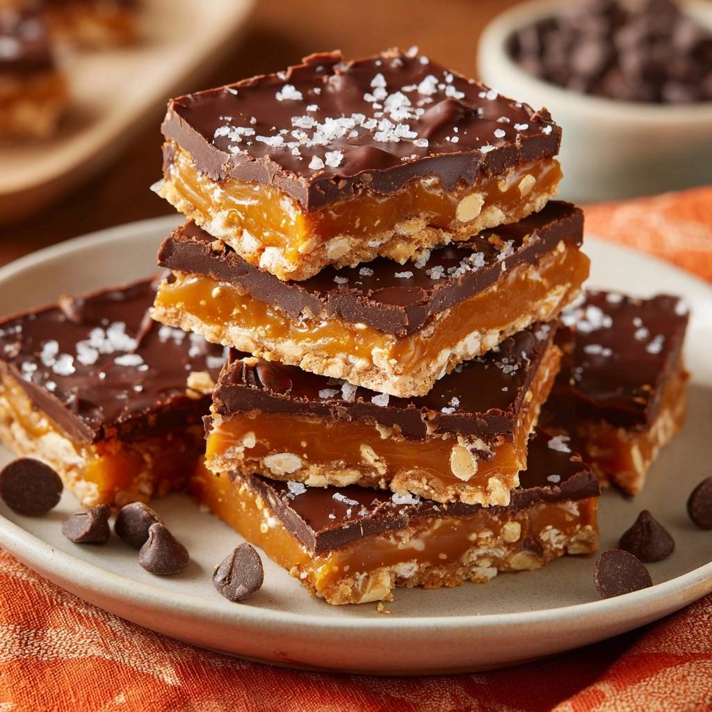 Millionaire Shortbread mit Meersalz, gestapelt auf einem Teller mit Schokoladenstückchen und grobem Meersalz bestreut.