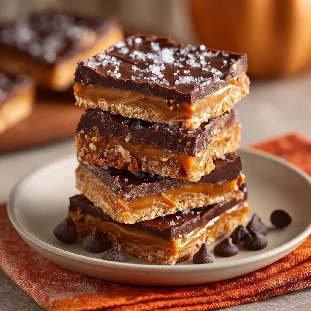 Millionaire Shortbread mit Meersalz, gestapelt auf einem Teller mit Schokoladenchips und einem orangen Tuch.