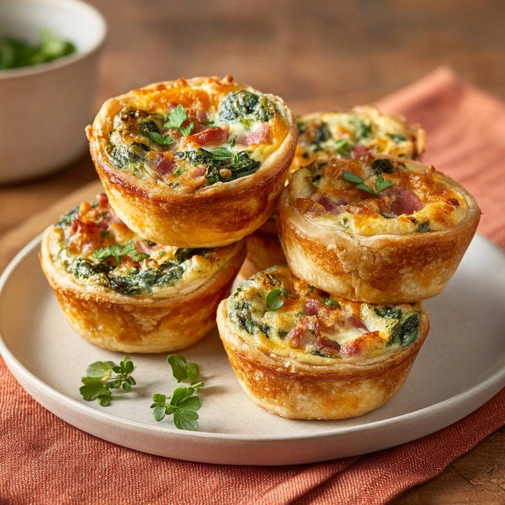 Herzhafte Mini-Quiches mit Speck und Spinat, gestapelt auf einem Teller mit frischen Kräutern garniert.
