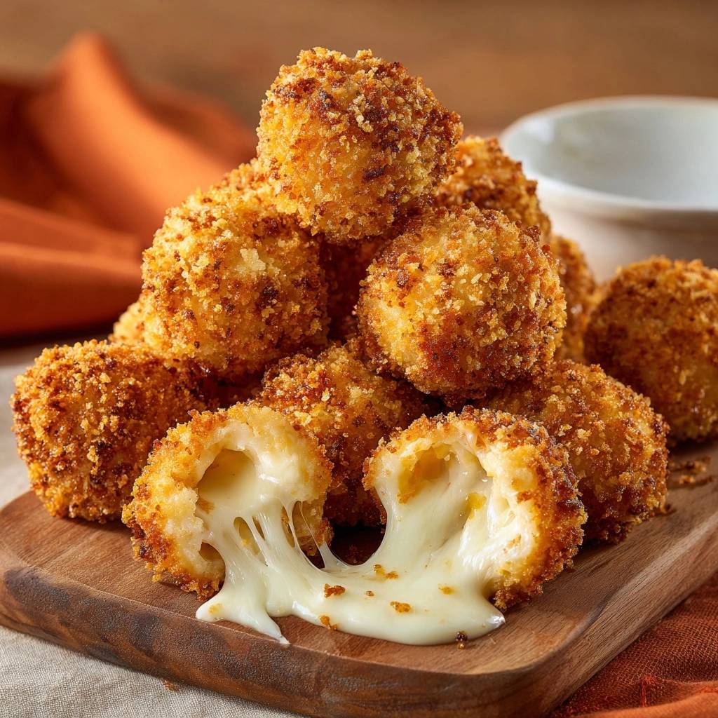 Knusprige Mozzarella-Bällchen angeschnitten, die den geschmolzenen Käse im Inneren zeigen, auf einem Holzbrett serviert.