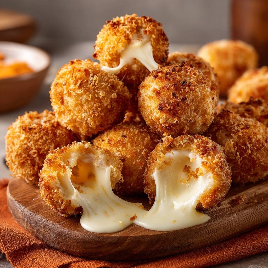 Knusprige Mozzarella-Bällchen mit auslaufendem Käse im Anschnitt auf einem Holzbrett serviert.