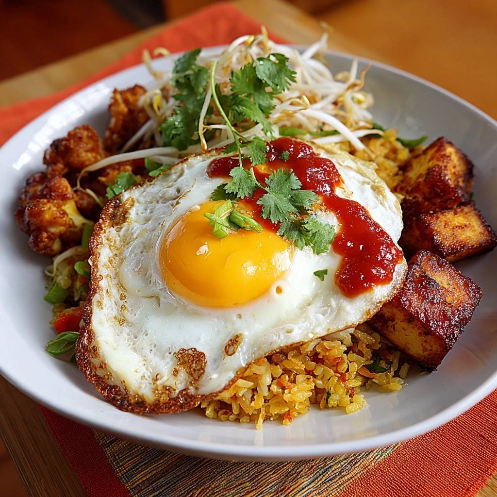Würziger Nasi Goreng mit Tofu & Blumenkohl, serviert mit einem Spiegelei und garniert mit Koriander.