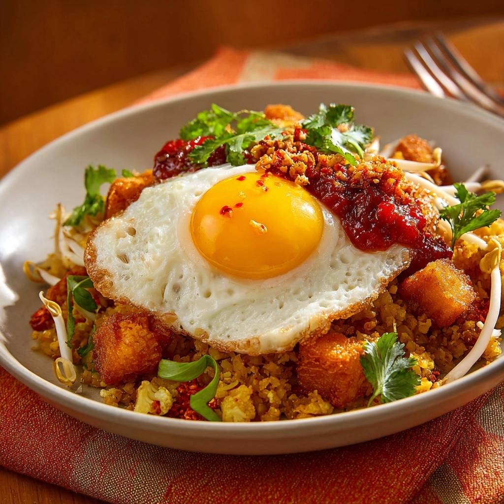 Würziger Nasi Goreng mit Tofu & Blumenkohl, garniert mit einem Spiegelei und frischen Kräutern.