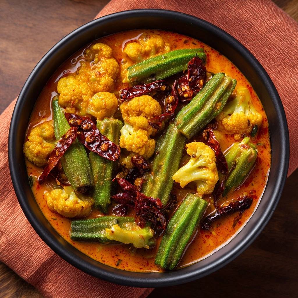 Würziges Okra-Blumenkohl-Curry als Draufsicht in einer schwarzen Schüssel, mit viel Soße und getrockneten Chilis.