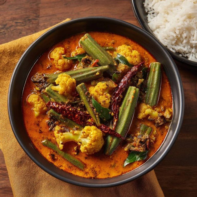 Würziges Okra-Blumenkohl-Curry in einer schwarzen Schüssel, Nahaufnahme der Zutaten und der Sauce.