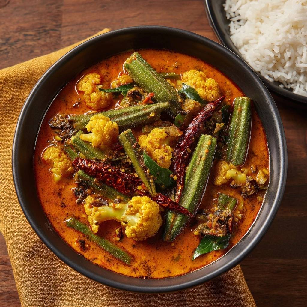 Würziges Okra-Blumenkohl-Curry in einer schwarzen Schüssel, Nahaufnahme der Zutaten und der Sauce.