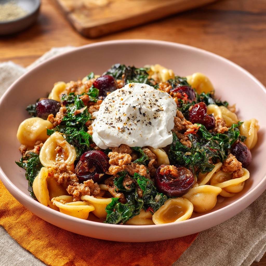 Orecchiette mit Rinderhack, Sauerkirschen, Grünkohl und Ricotta, serviert mit einem cremigen Ricotta-Topping.