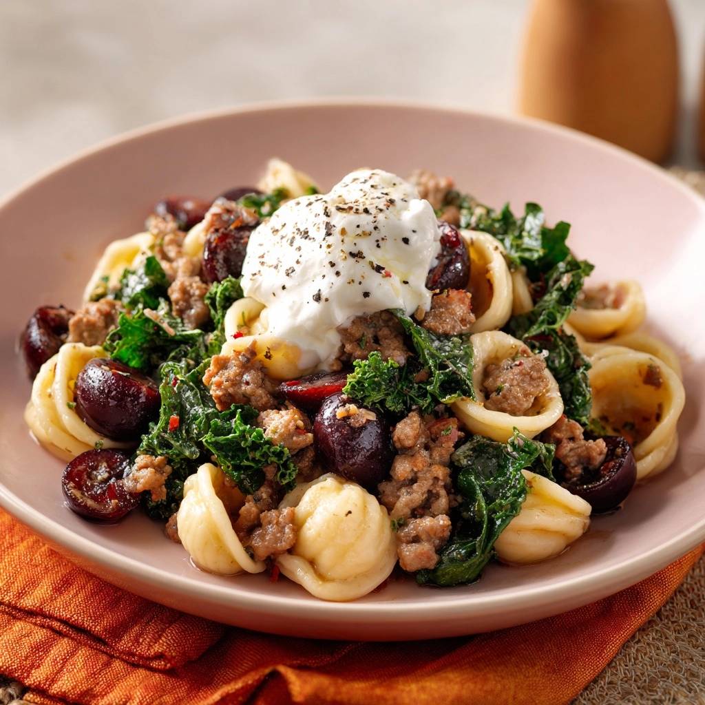 Orecchiette mit Rinderhack, Sauerkirschen, Grünkohl und Ricotta, serviert auf einem hellrosa Teller, Nahaufnahme mit Ricotta-Klecks.