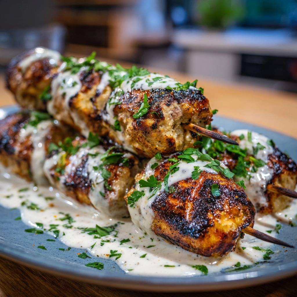 Saftige Orientalische Köfte-Spieße mit cremiger Sauce und frischer Petersilie garniert, serviert auf einem Teller.