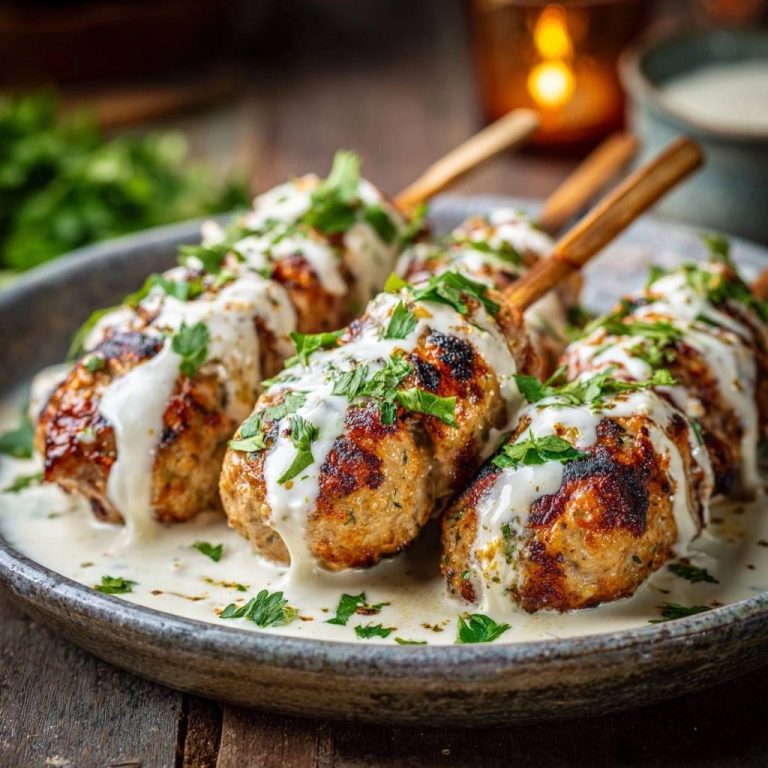 Saftige Orientalische Köfte-Spieße mit Tahini-Sauce und frischer Petersilie auf einem Teller, Nahaufnahme