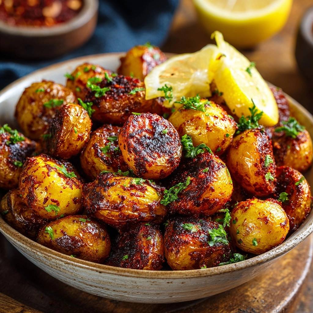 Knusprige Paprika-Babykartoffeln garniert mit frischer Petersilie und Zitronenspalten, serviert in einer Schüssel.