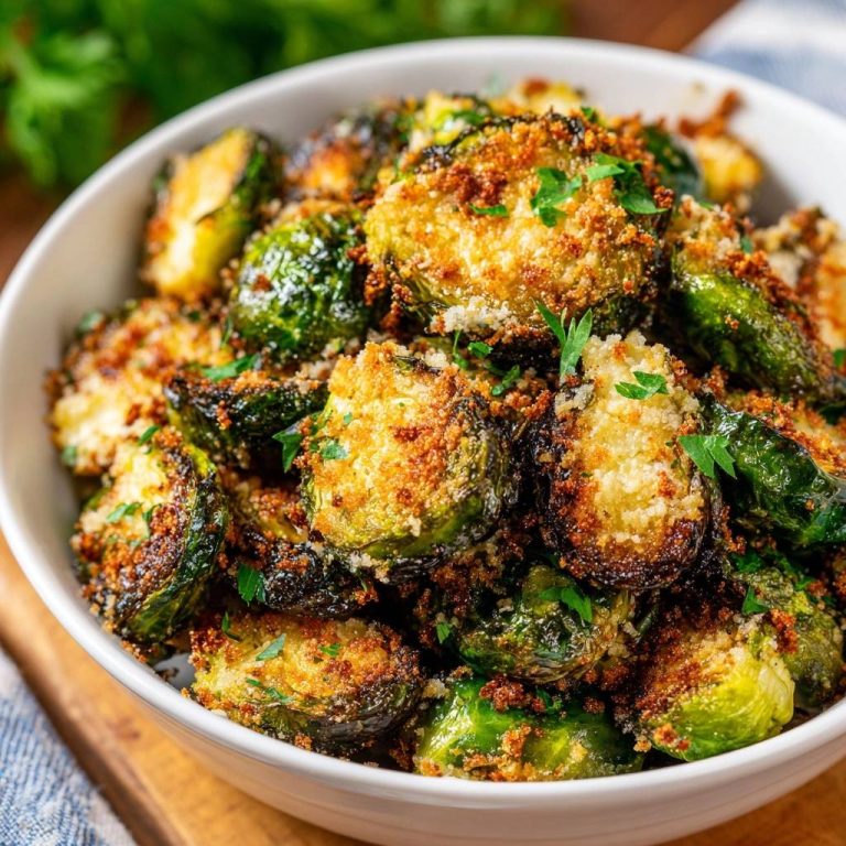 Knuspriger Parmesan-Rosenkohl mit goldbraunen Krumen und frischer Petersilie garniert, ein Detail-Schuss.