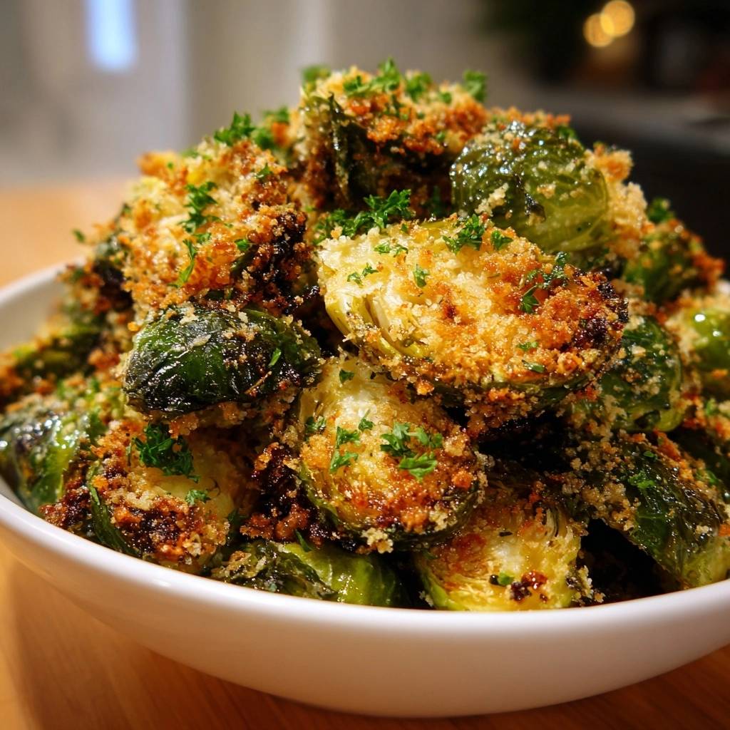 Knuspriger Parmesan-Rosenkohl mit einer goldbraunen Panade und frischer Petersilie, im Detail gezeigt.