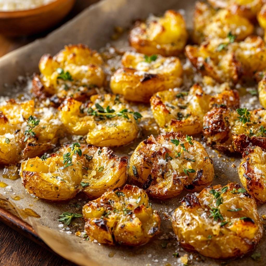 Knusprige Parmesan-Thymian-Babykartoffeln mit frischem Thymian und geriebenem Parmesan garniert, Nahaufnahme