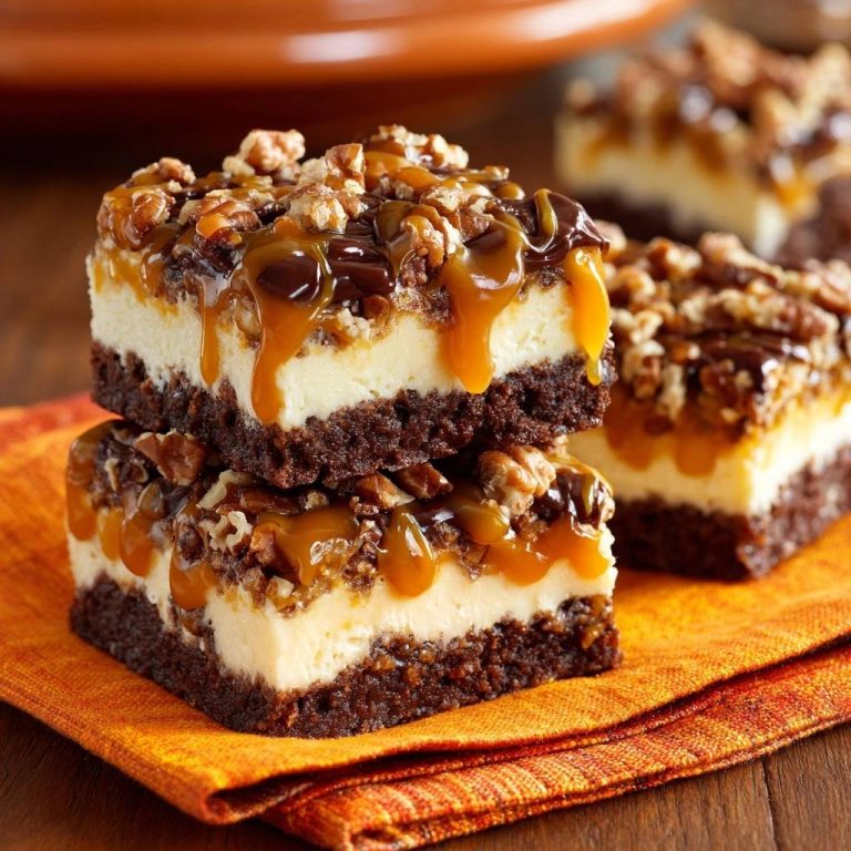Pekan-Karamell-Cheesecake-Brownies, gestapelt auf einem orangefarbenen Tuch, mit geschmolzenem Karamell und Nüssen.