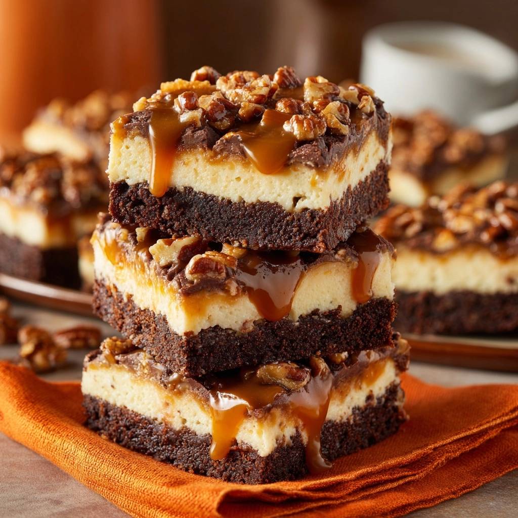 Pekan-Karamell-Cheesecake-Brownies gestapelt mit schokoladiger Karamellsoße und Nüssen, die über den Rand tropft.