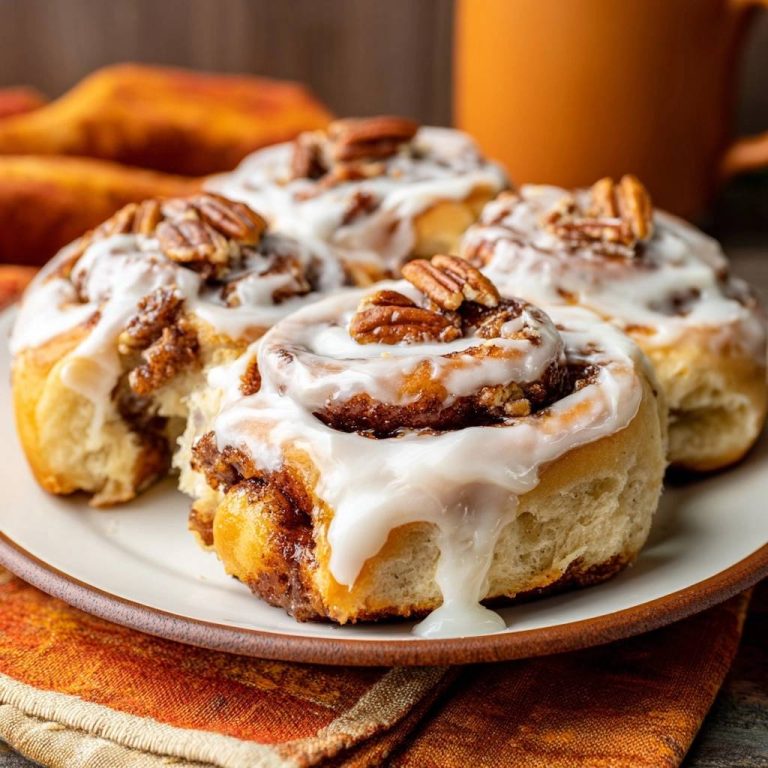 Pekannuss-Zimtschnecken mit reichlich Glasur und Pekannüssen, nahaufnahme von glasierten Schnecken auf einem Teller.